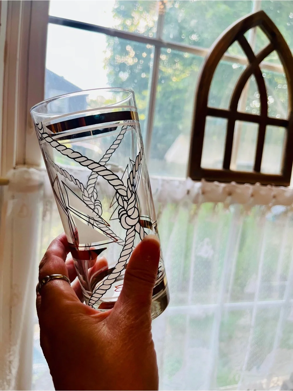 Vintage Nautical Highball Glasses - Gold & White Ship Design (Set of 4) 16oz